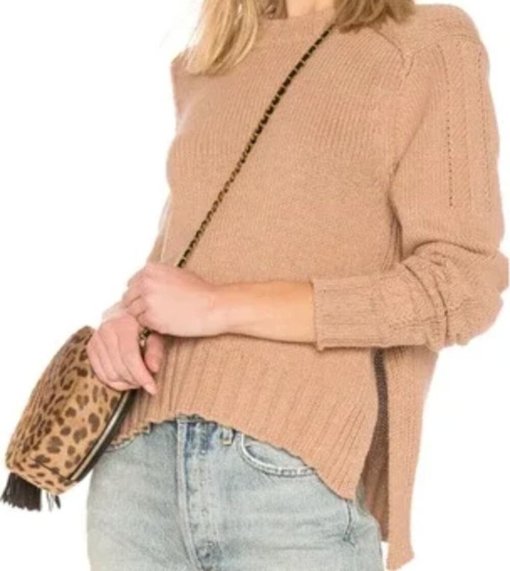 360 Cashmere Kendra Sweater Crewneck Oversized Ribbed Side Slits Mocha M